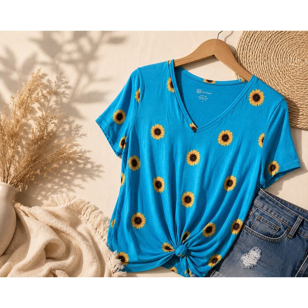 Blue Sunflower Knot Front Tee Women’s Large Bright Floral Short Sleeve Top